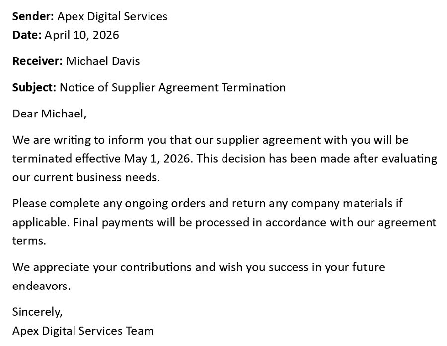 Notice of Supplier Agreement Termination