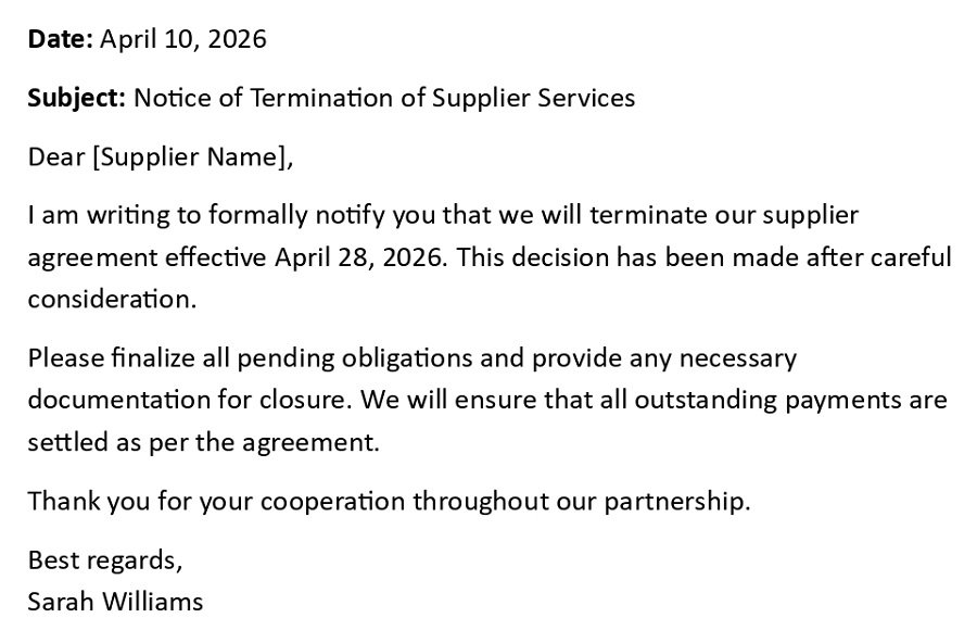 Notice of Termination of Supplier Services