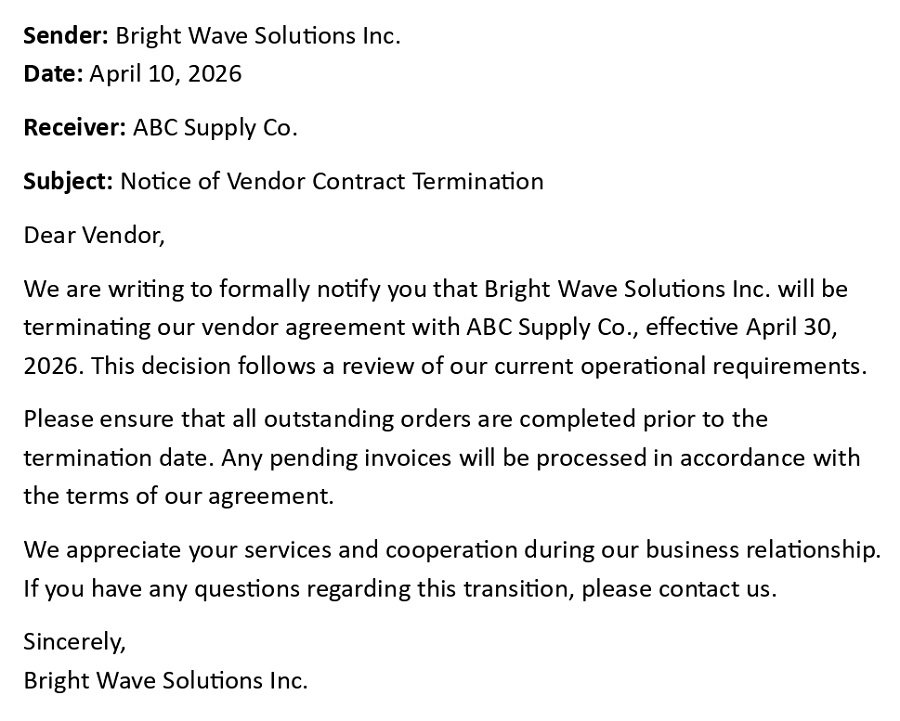 Notice of Vendor Contract Termination