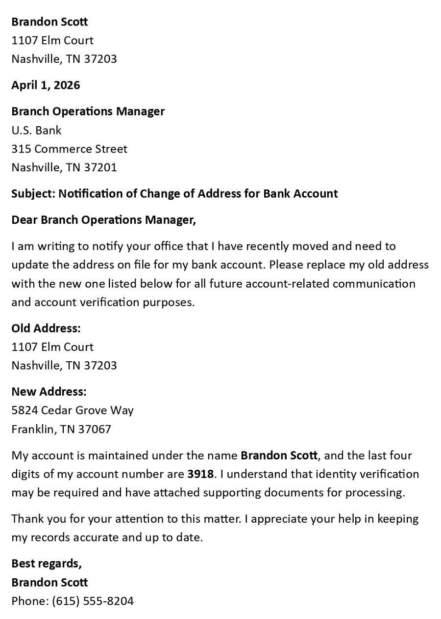 Notification of Change of Address for Bank Account