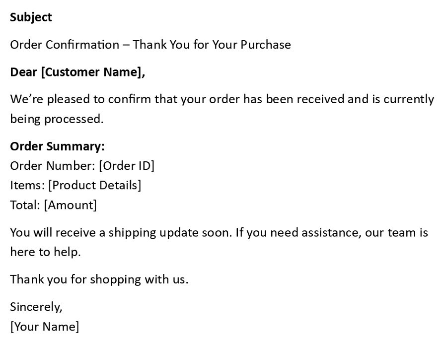 Order Confirmation – Thank You for Your Purchase