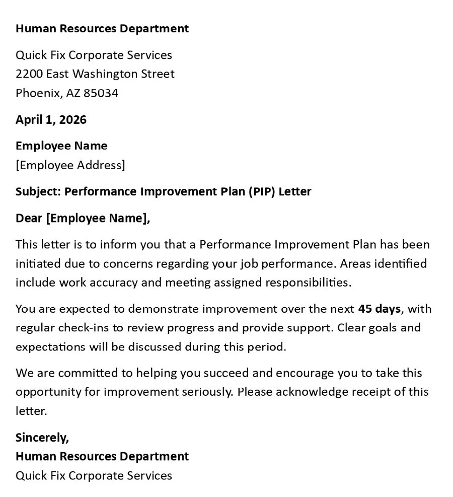 Performance Improvement Plan (PIP) Letter