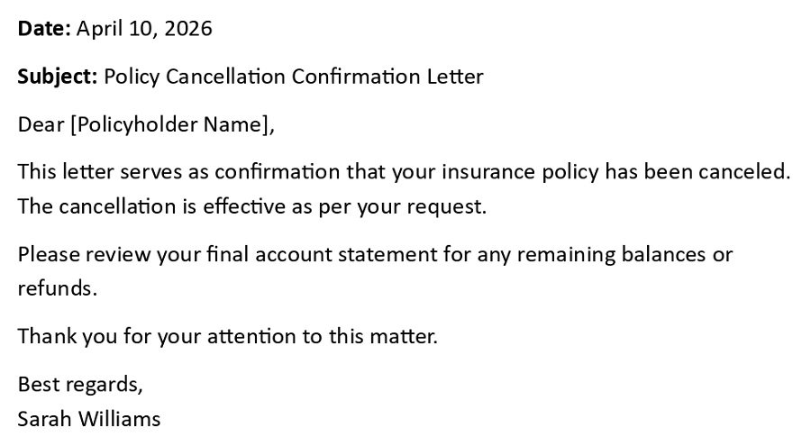Policy Cancellation Confirmation Letter