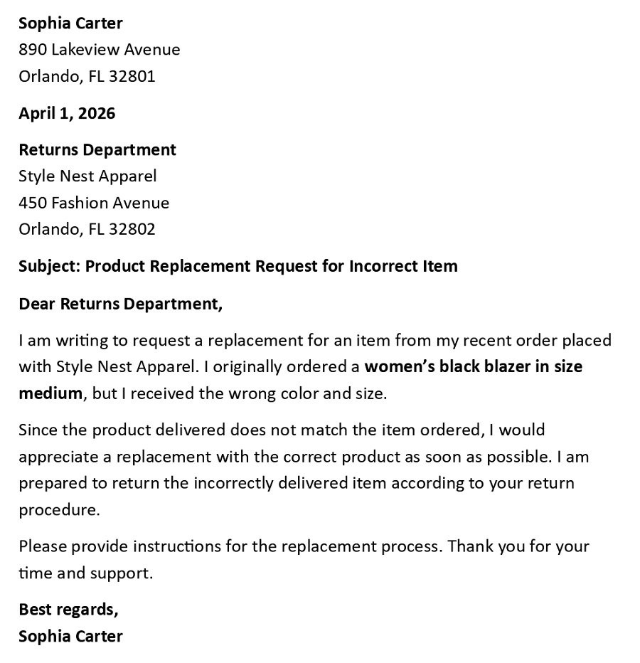 Product Replacement Request for Incorrect Item