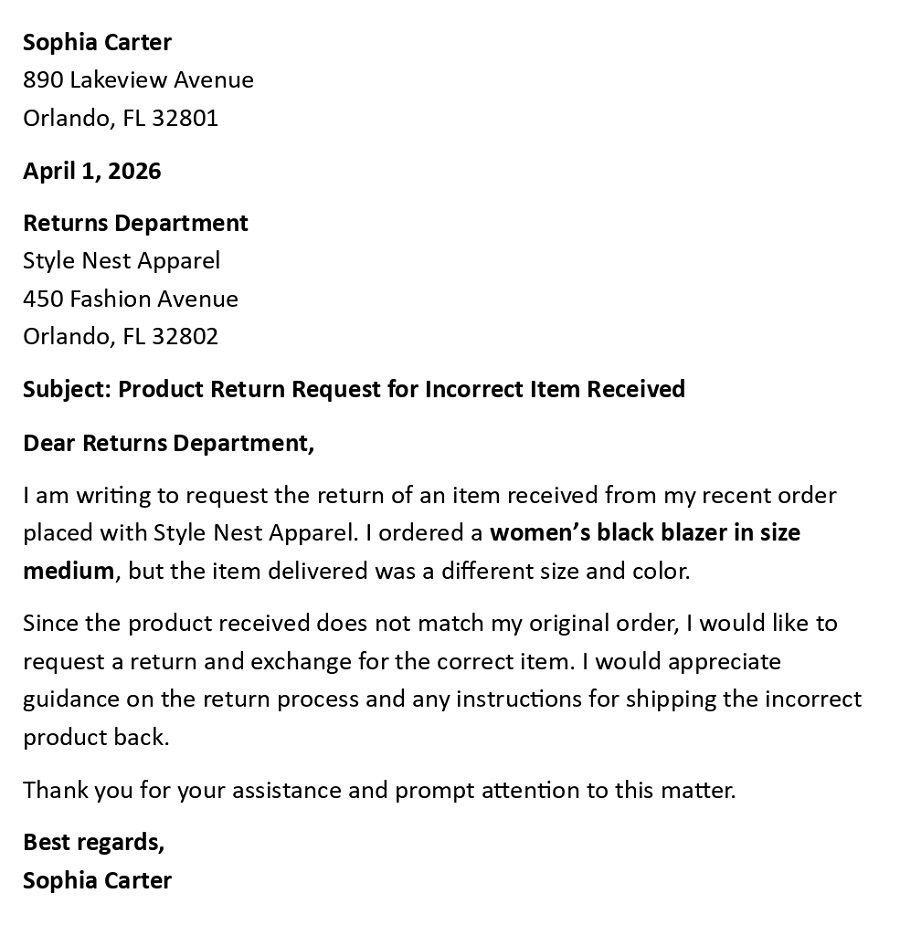 Product Return Request for Incorrect Item Received