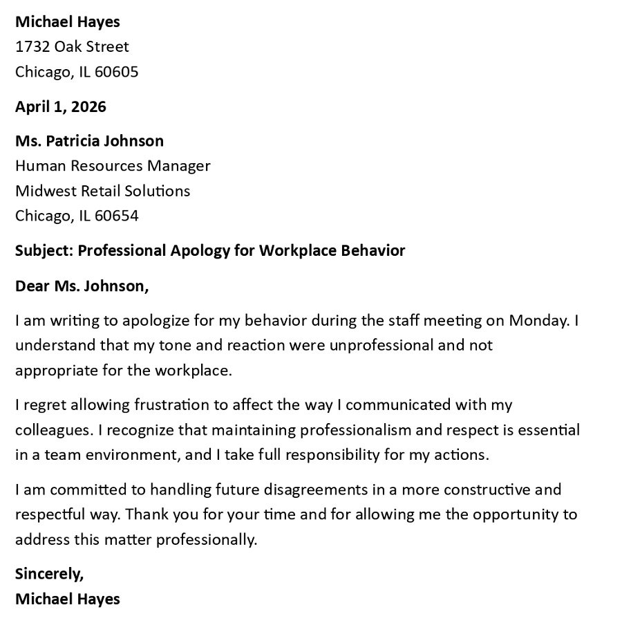 Professional Apology for Workplace Behavior