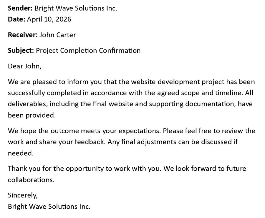 Project Completion Confirmation