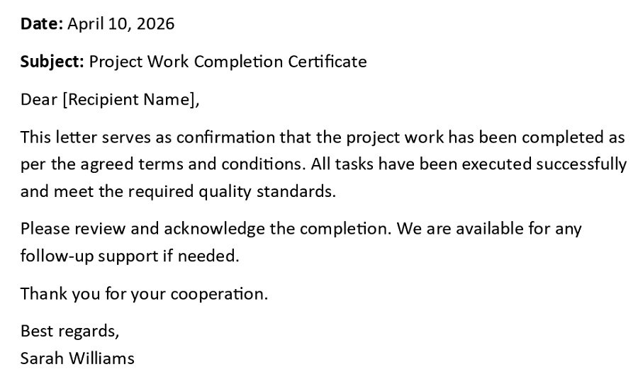 Project Work Completion Certificate
