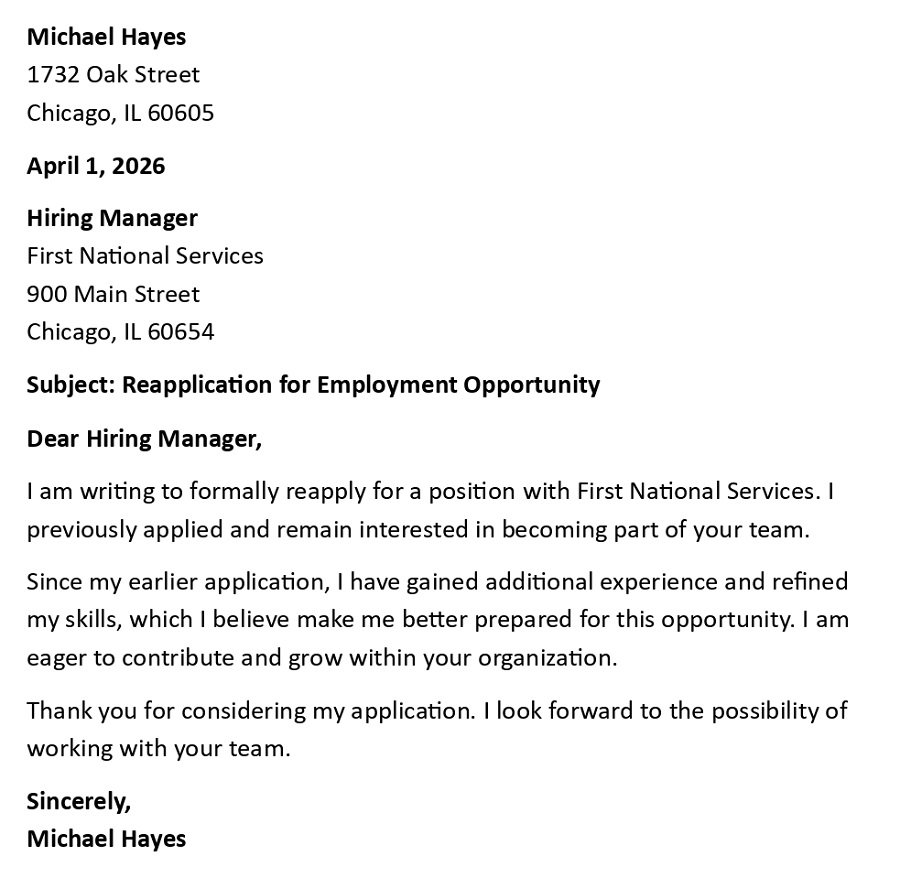 Reapplication for Employment Opportunity