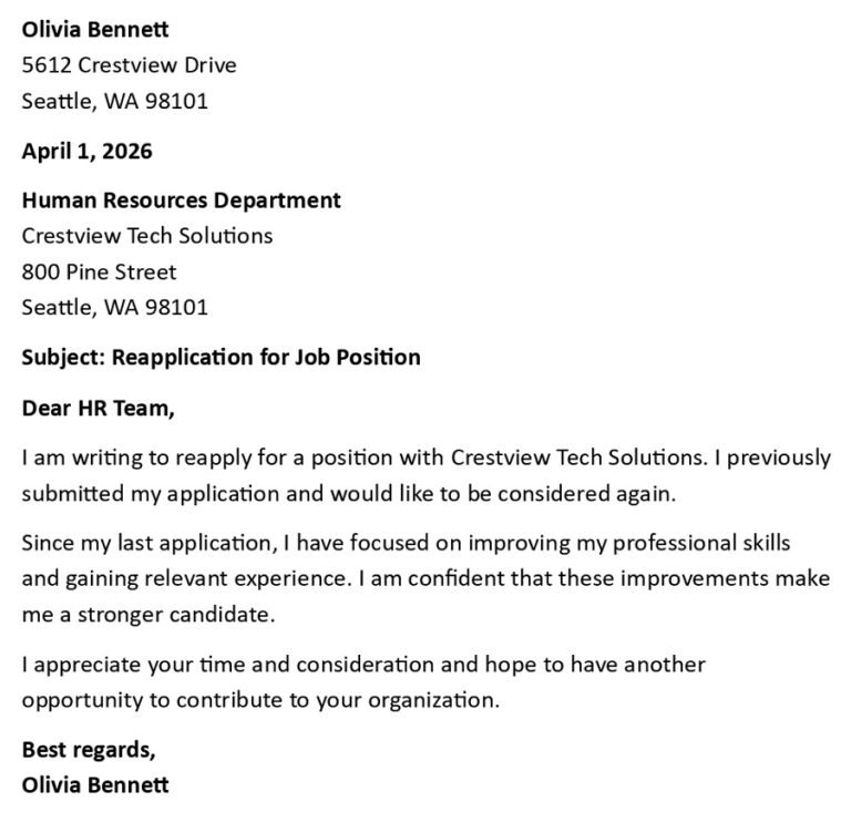 Job Reapplication Letter (USA Format + 5 Samples)