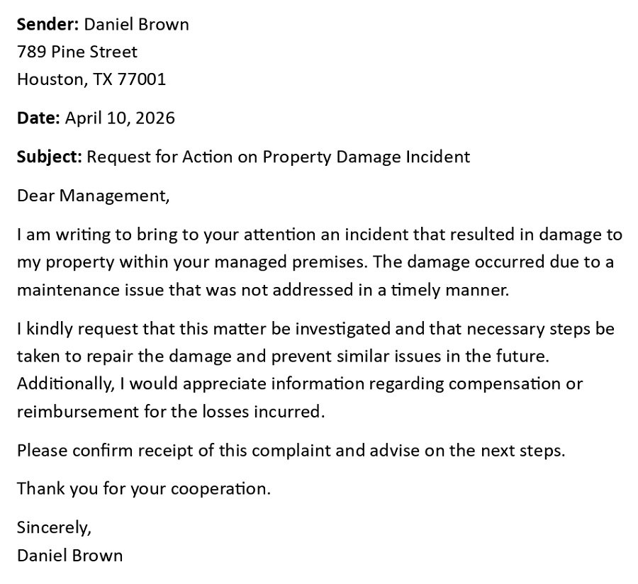 Request for Action on Property Damage Incident