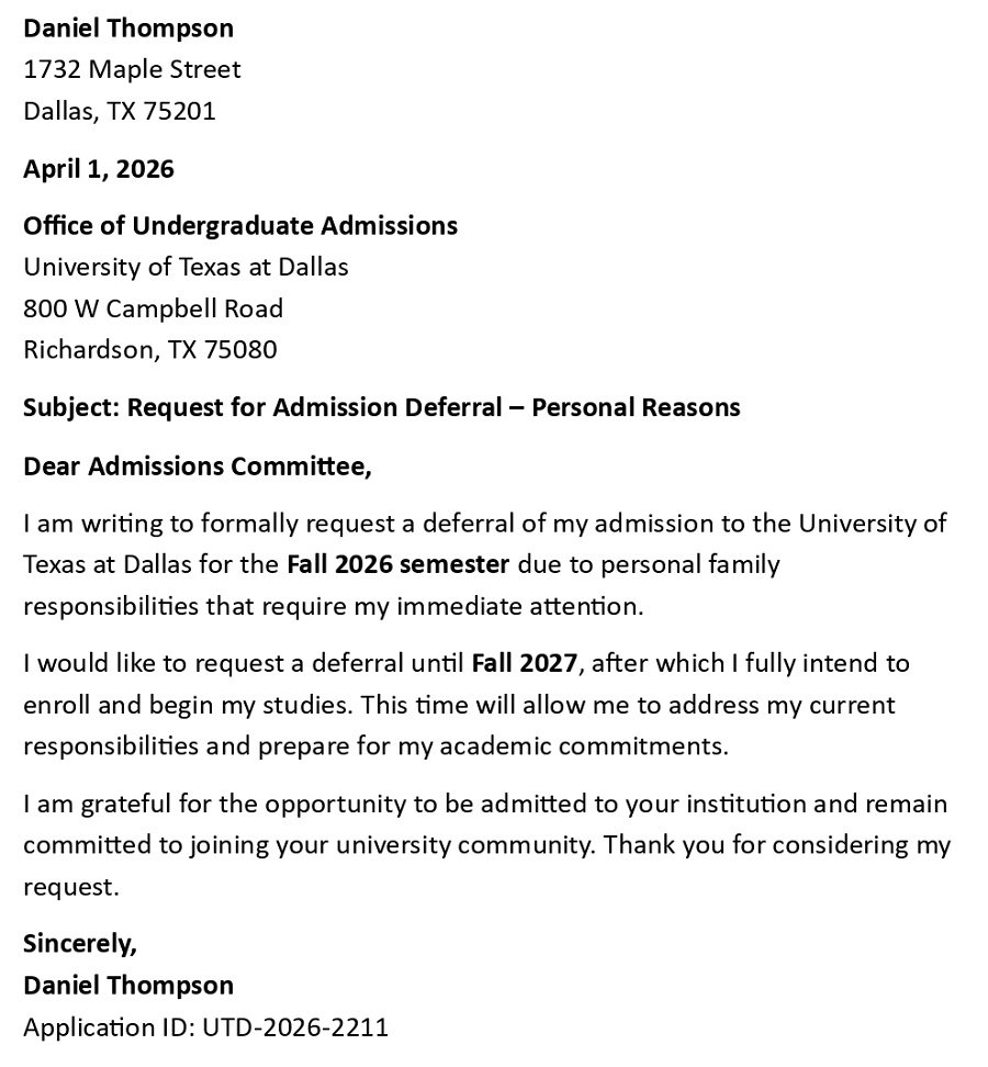 Request for Admission Deferral – Personal Reasons