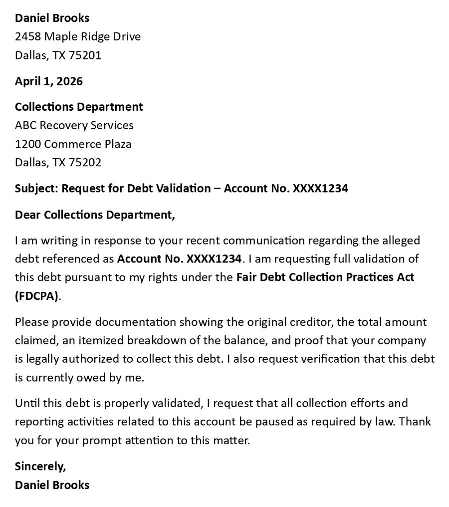 Request for Debt Validation – Account No. XXXX1234