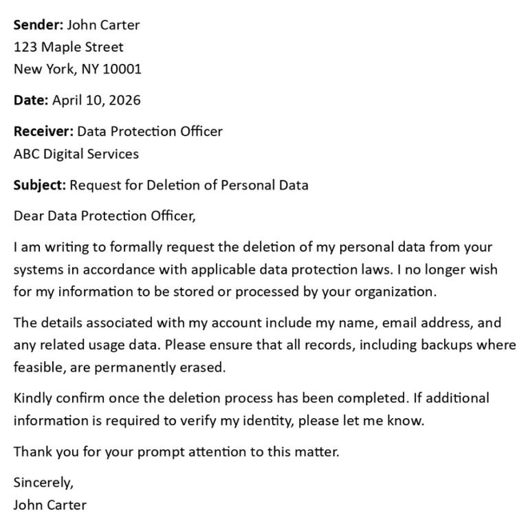 Data Deletion Request Letter (GDPR/USA Format + 5 Samples)