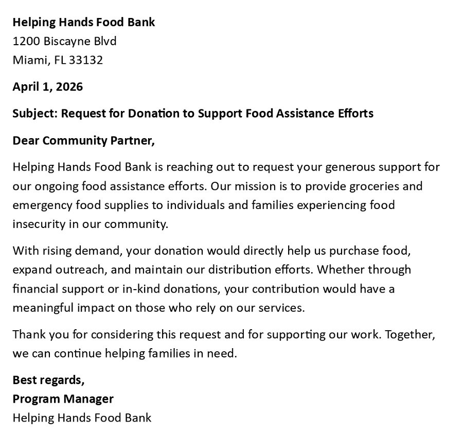 Request for Donation to Support Food Assistance Efforts