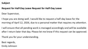 Half-Day Leave Request Email (USA Format + 5 Templates)
