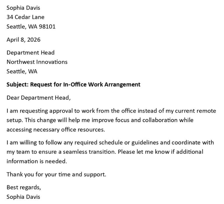Work From Office Request Letter (USA Format + 5 Samples)