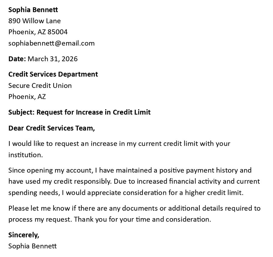 Request for Increase in Credit Limit