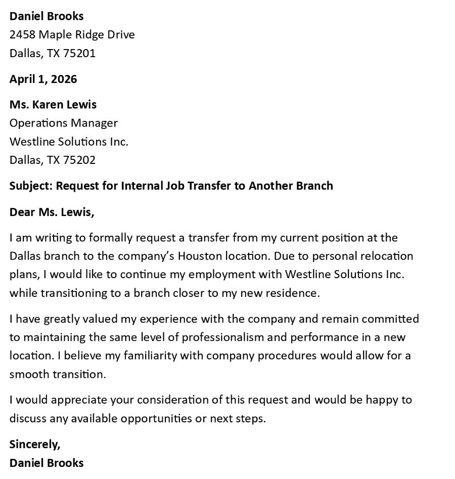 Request for Internal Job Transfer to Another Branch