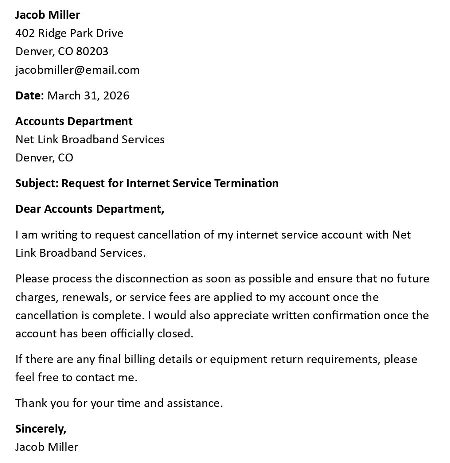 Request for Internet Service Termination