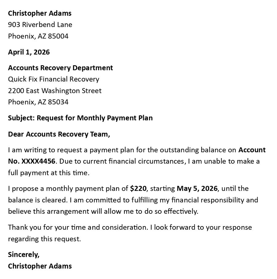 Request for Monthly Payment Plan