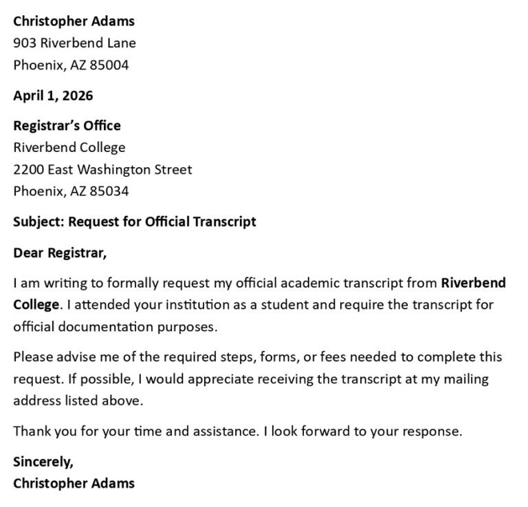 Transcript Request Letter (USA Format + 5 Samples)
