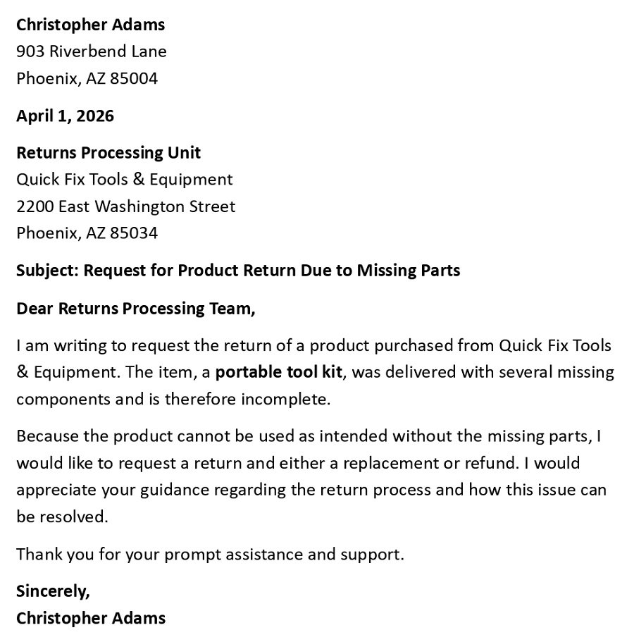 Request for Product Return Due to Missing Parts