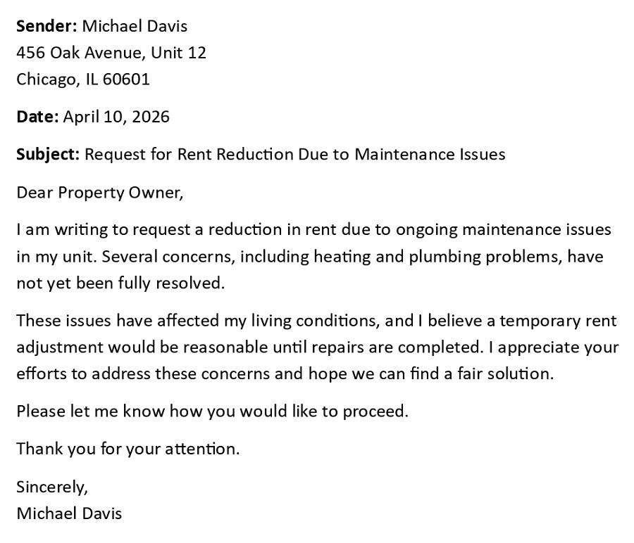 Request for Rent Reduction Due to Maintenance Issues
