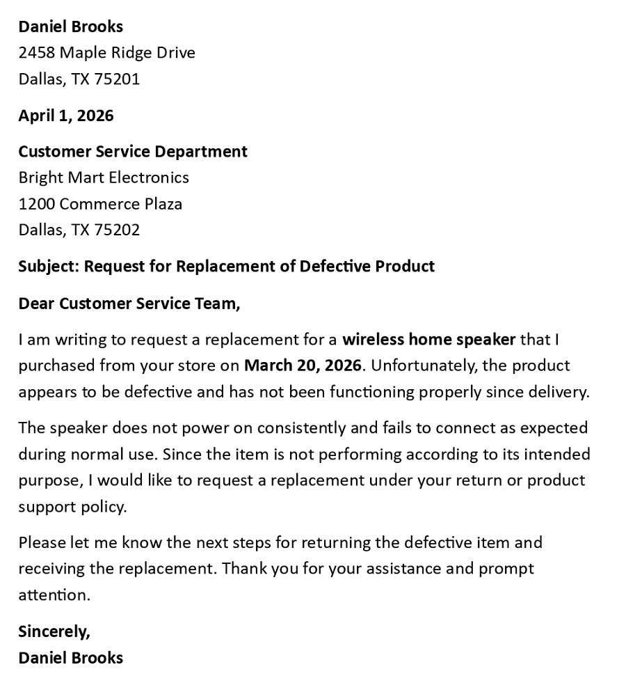 Request for Replacement of Defective Product