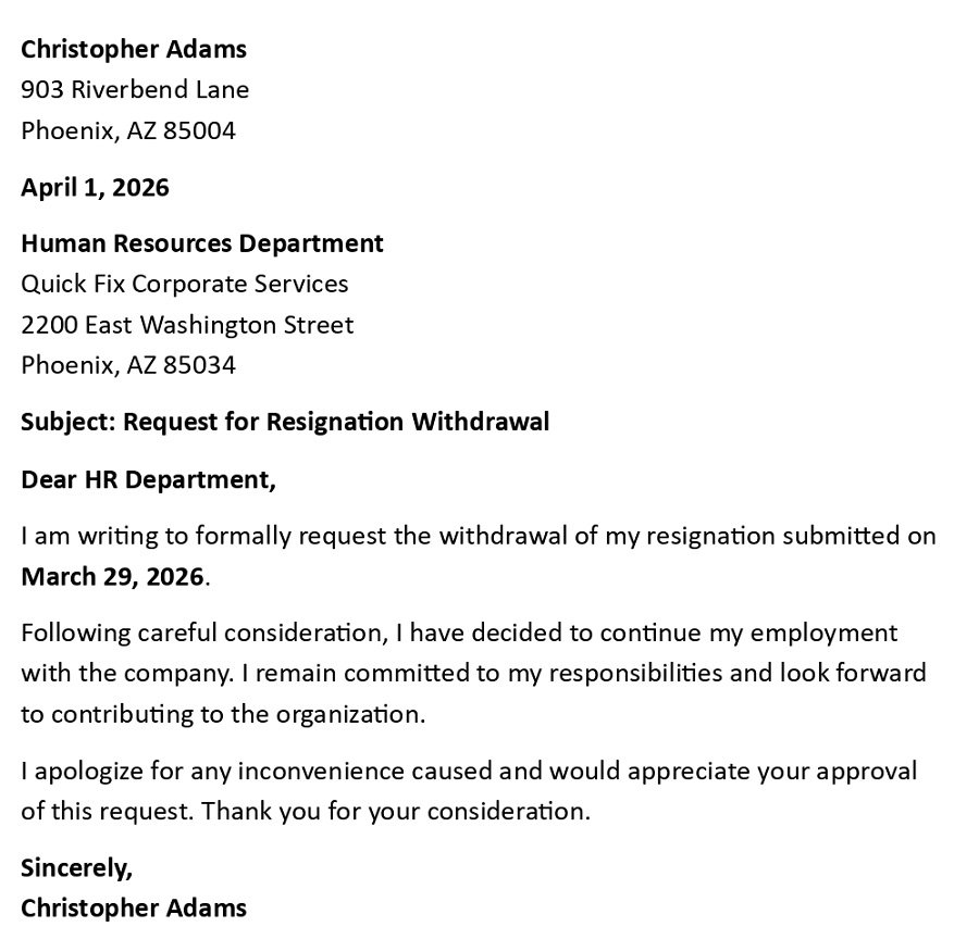 Request for Resignation Withdrawal