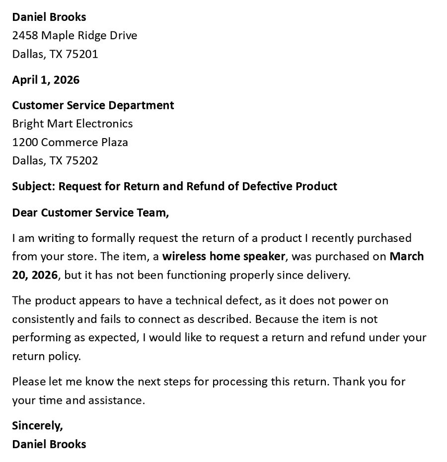 Request for Return and Refund of Defective Product