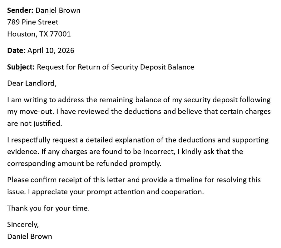 Request for Return of Security Deposit Balance