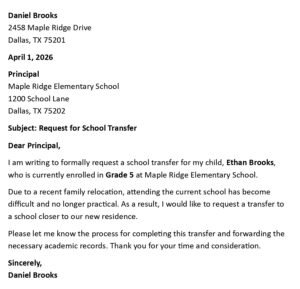School Transfer Request Letter (USA Format + 5 Examples)