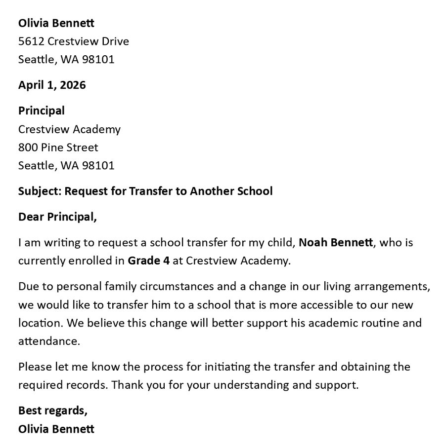 Request for Transfer to Another School