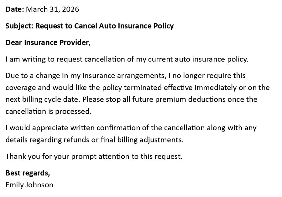 Request to Cancel Auto Insurance Policy