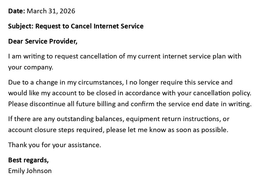 Request to Cancel Internet Service