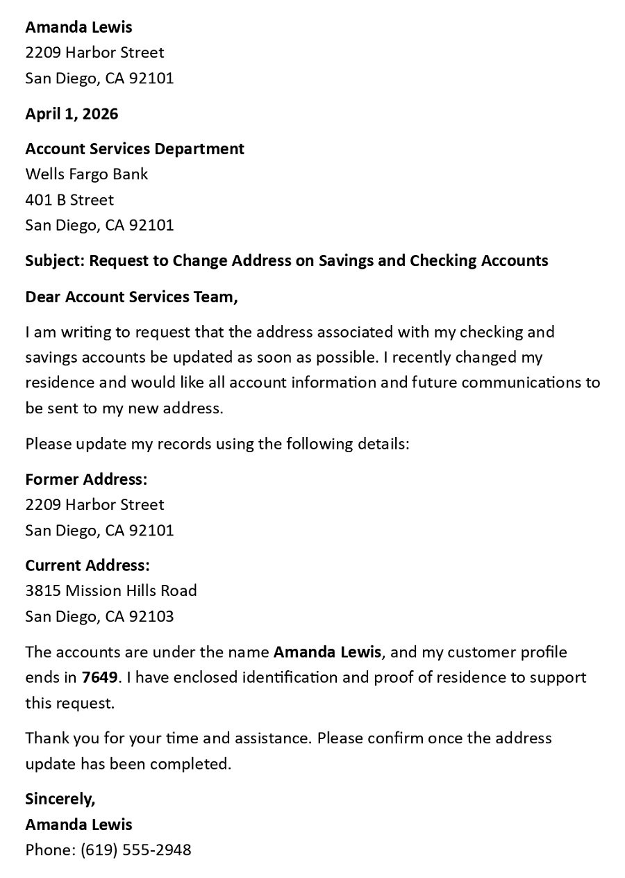 Request to Change Address on Savings and Checking Accounts