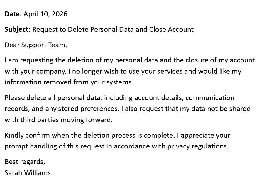 Request to Delete Personal Data and Close Account