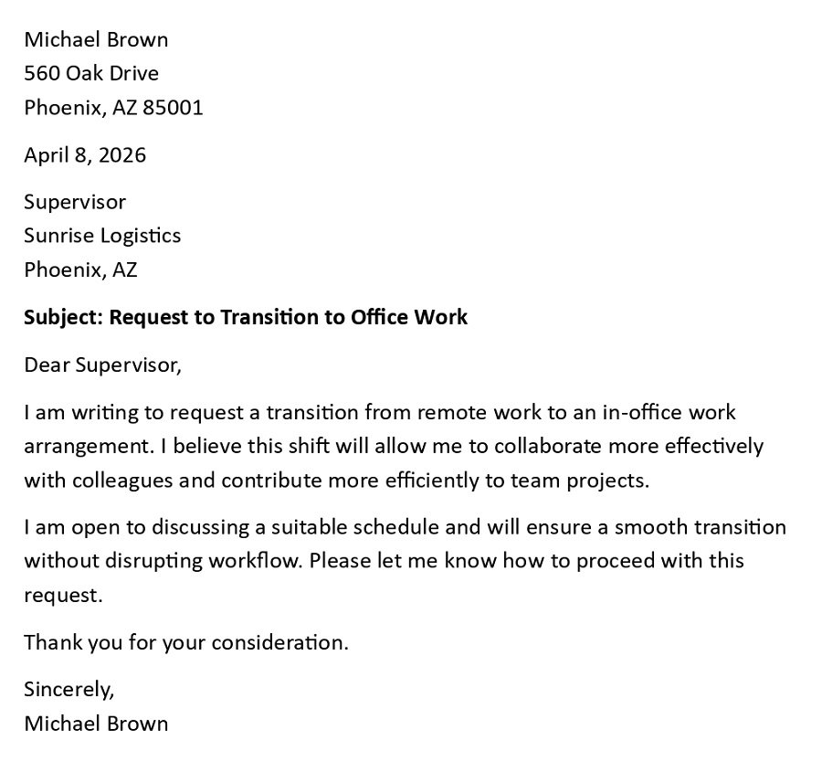 Request to Transition to Office Work