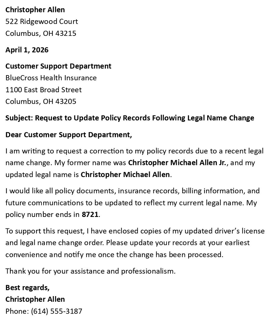 Request to Update Policy Records Following Legal Name Change