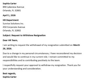 Workplace Resignation Withdrawal Letter (USA Format + 5 Templates)