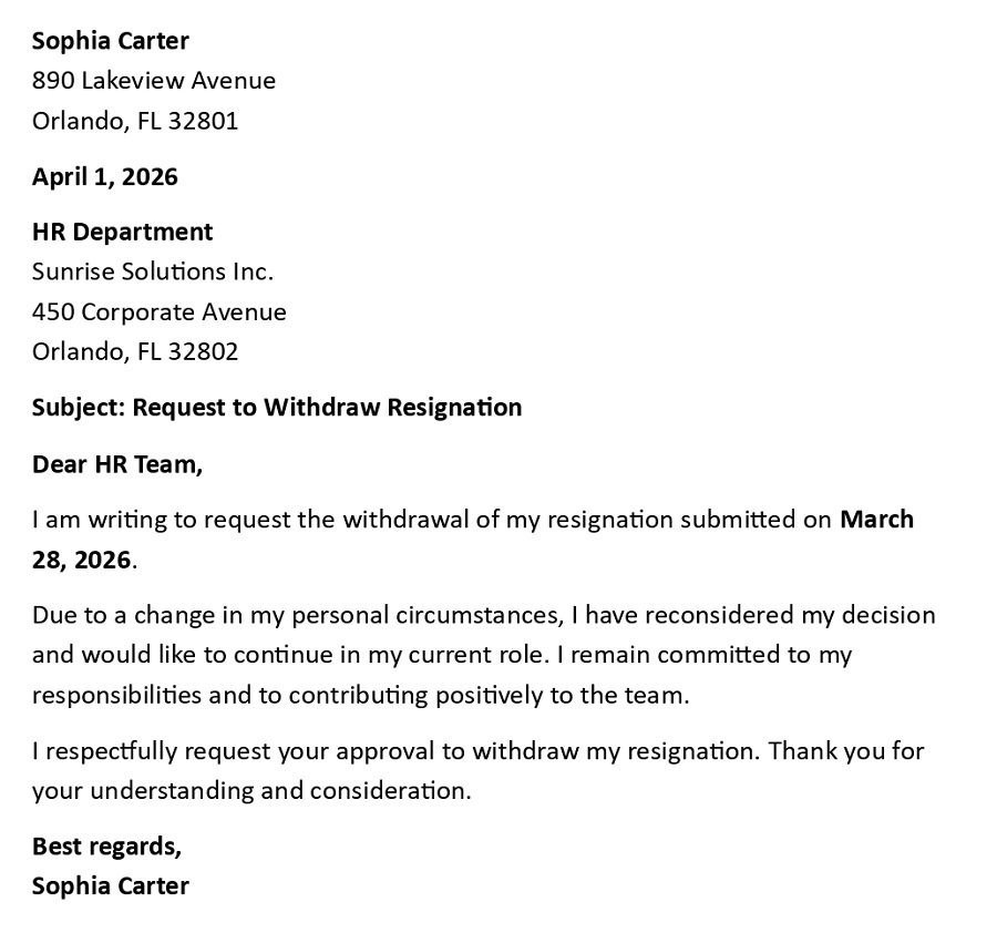 Request to Withdraw Resignation