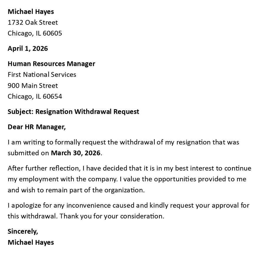 Resignation Withdrawal Request