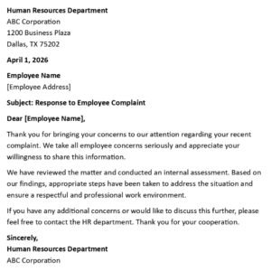 Response to Employee Complaint