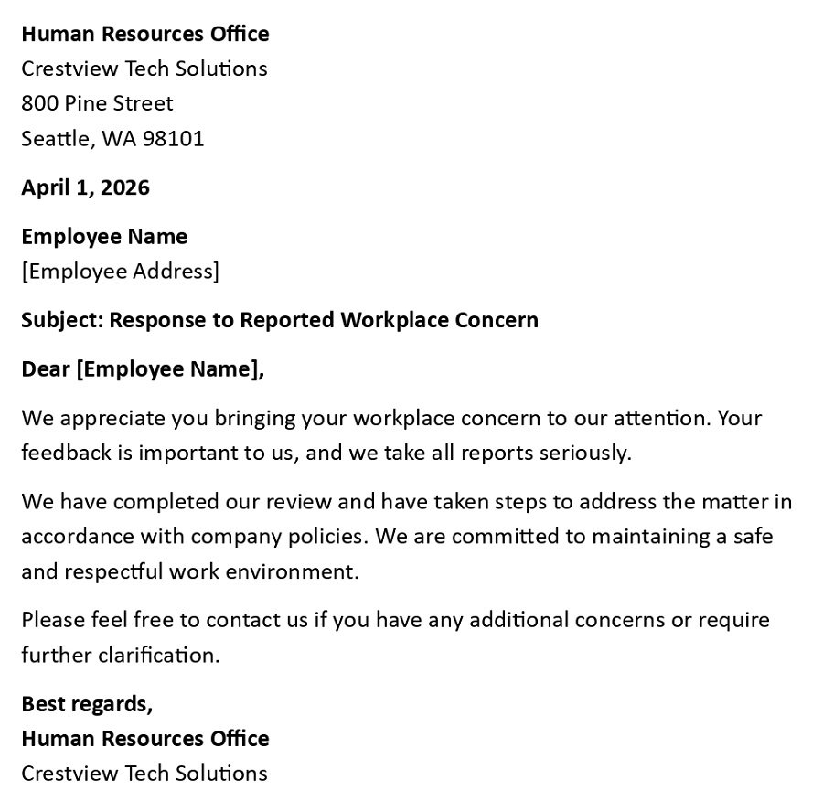 Response to Reported Workplace Concern