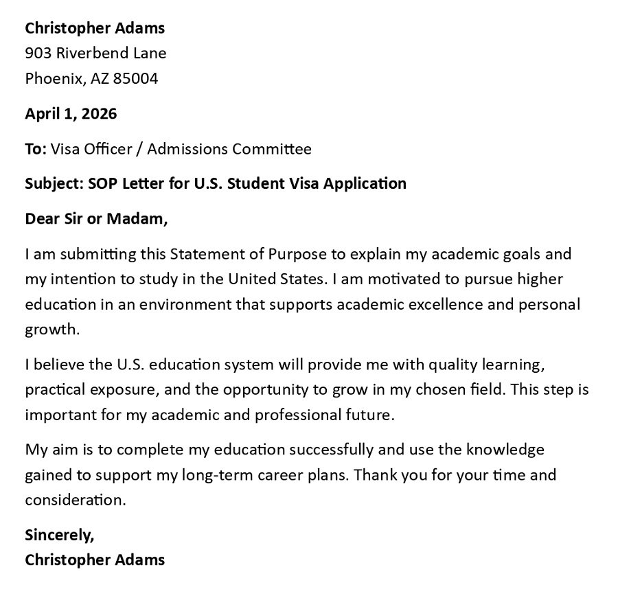 SOP Letter for U.S. Student Visa Application