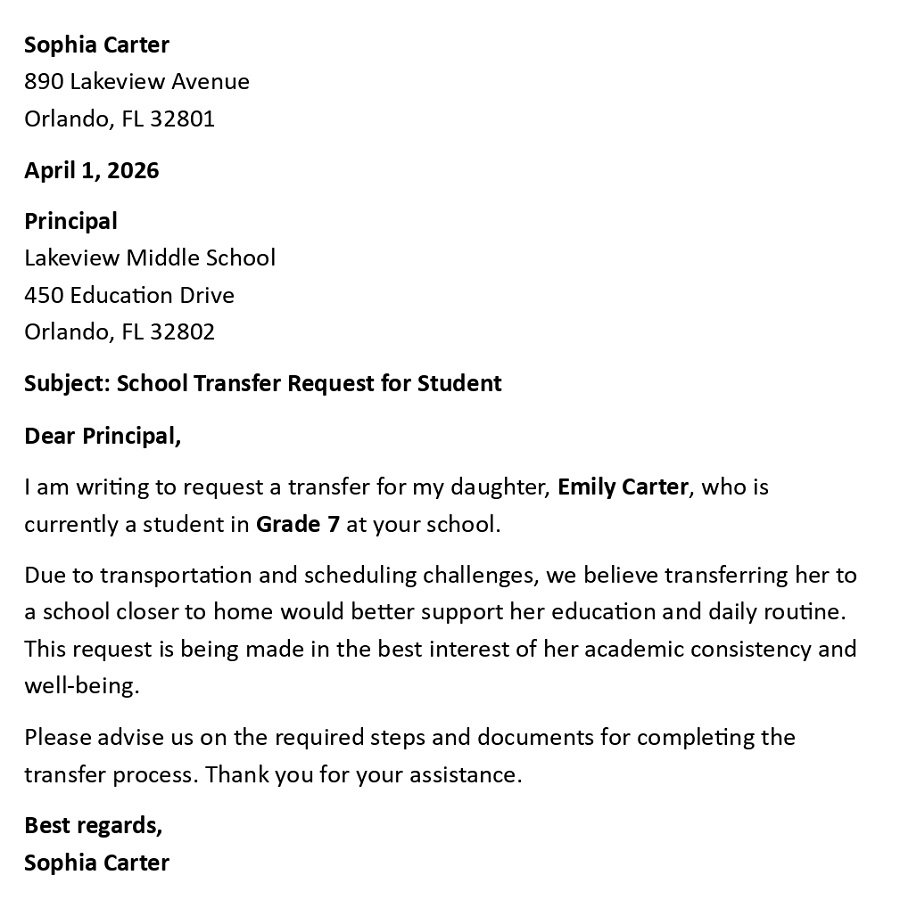 School Transfer Request for Student