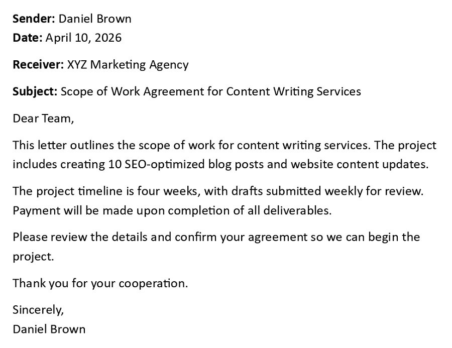 Scope of Work Agreement for Content Writing Services