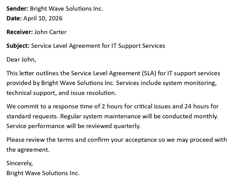 Service Level Agreement for IT Support Services