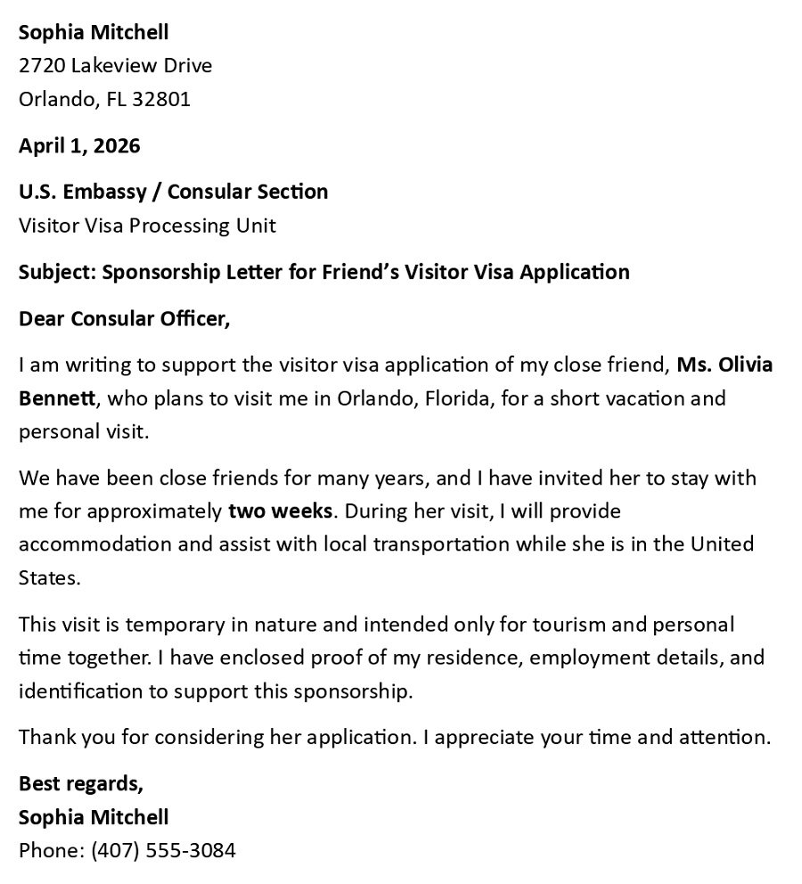 Sponsorship Letter for Friend’s Visitor Visa Application